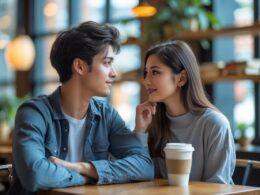 A young man and woman sitting together at a coffee shop table, looking at each other with friendly and curious expressions.