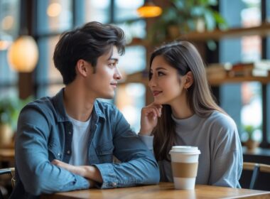 A young man and woman sitting together at a coffee shop table, looking at each other with friendly and curious expressions.