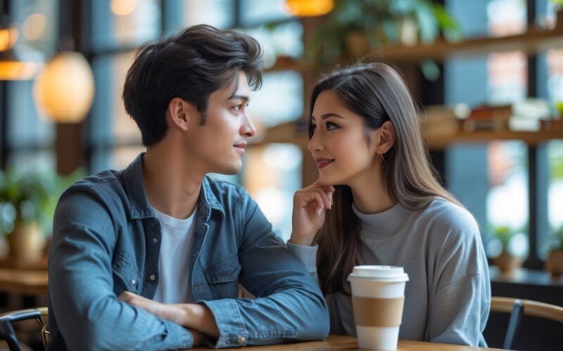 A young man and woman sitting together at a coffee shop table, looking at each other with friendly and curious expressions.