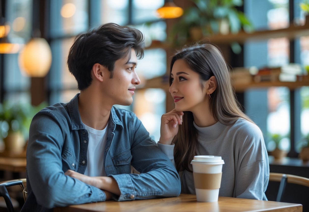 A young man and woman sitting together at a coffee shop table, looking at each other with friendly and curious expressions.
