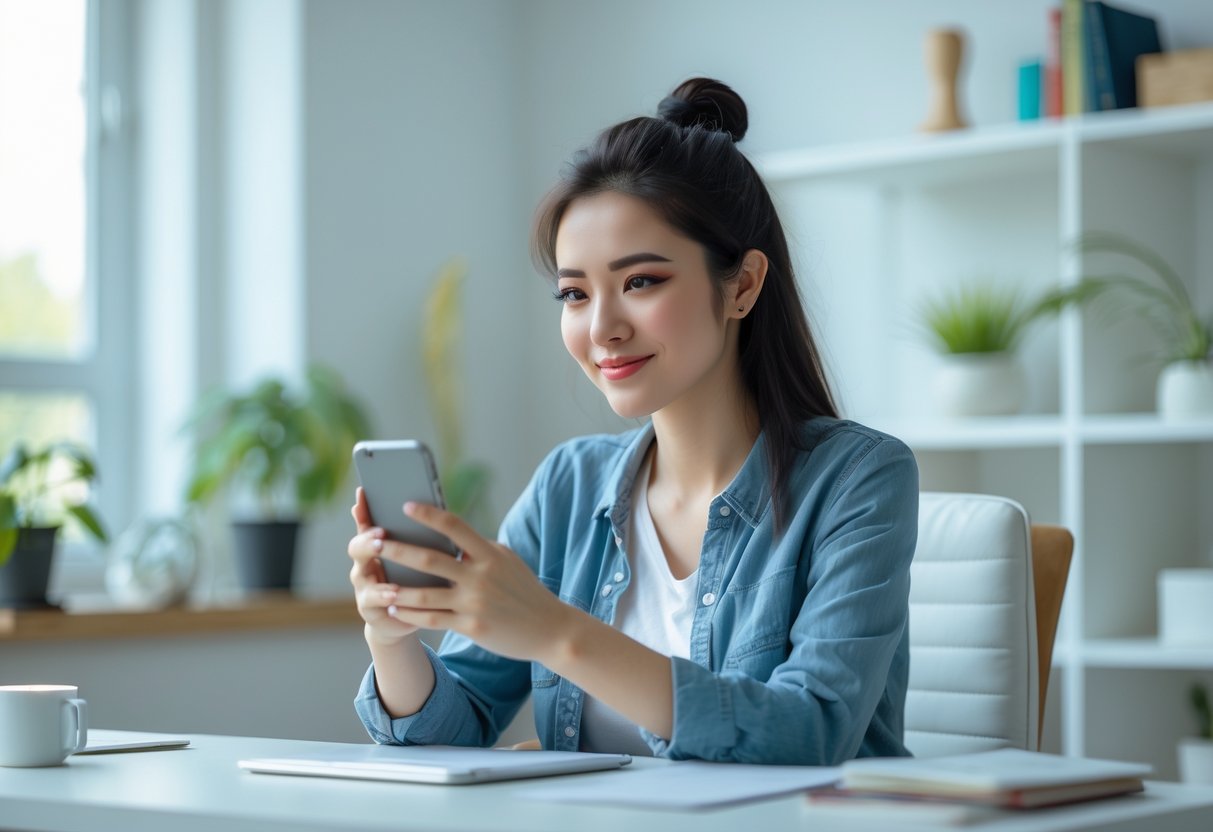 A young woman sitting at a desk looking thoughtfully at her smartphone in a bright room.