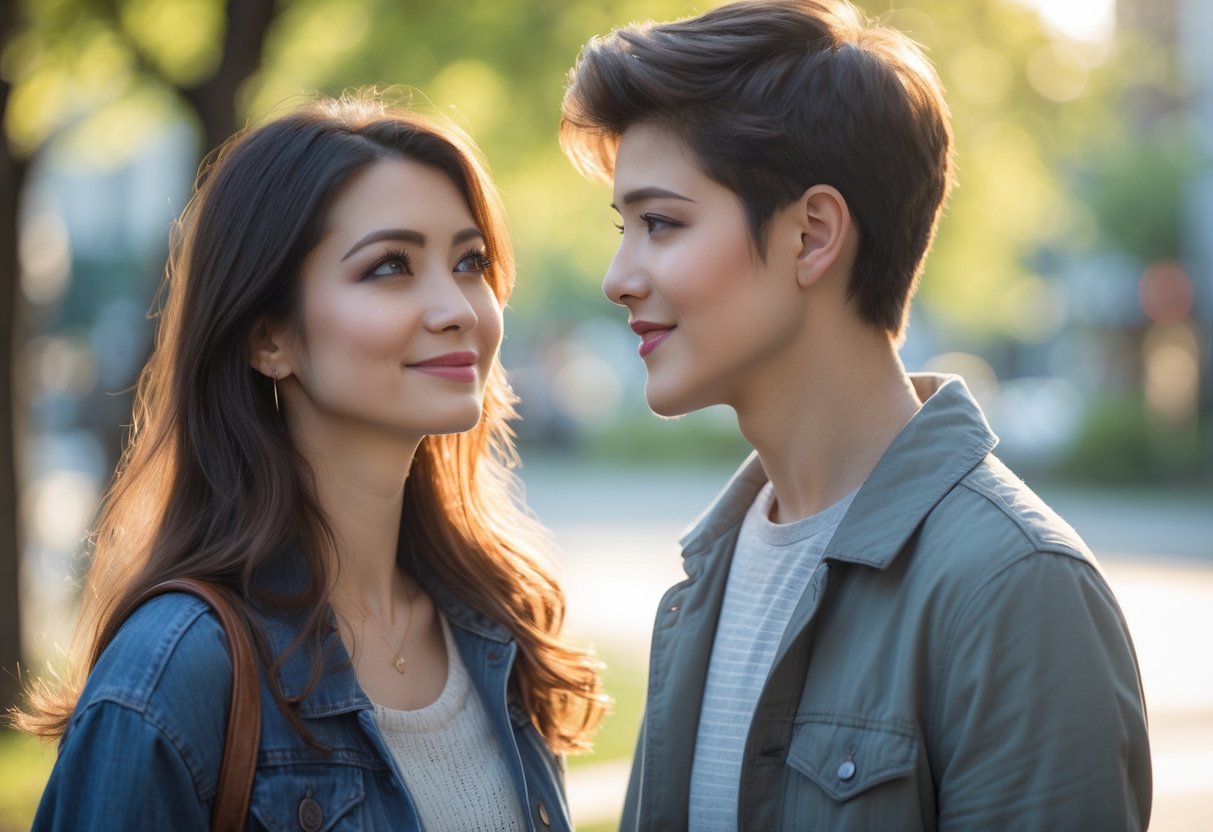 A young man and woman standing close outdoors, the man looking at the woman with a shy smile while she looks curious and hopeful.