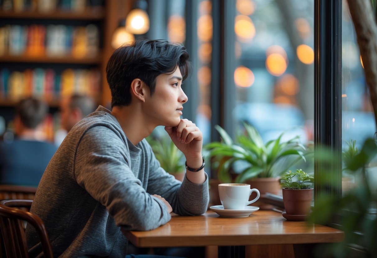 A young adult sitting alone at a café table, looking thoughtfully out the window while holding a cup.