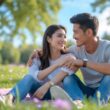 A young couple sitting closely on a picnic blanket in a park, the man attentively listening and showing affection to the woman.