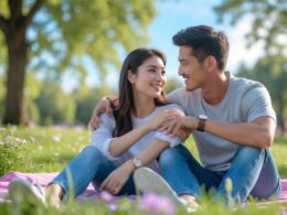 A young couple sitting closely on a picnic blanket in a park, the man attentively listening and showing affection to the woman.