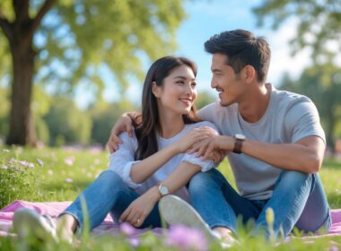 A young couple sitting closely on a picnic blanket in a park, the man attentively listening and showing affection to the woman.