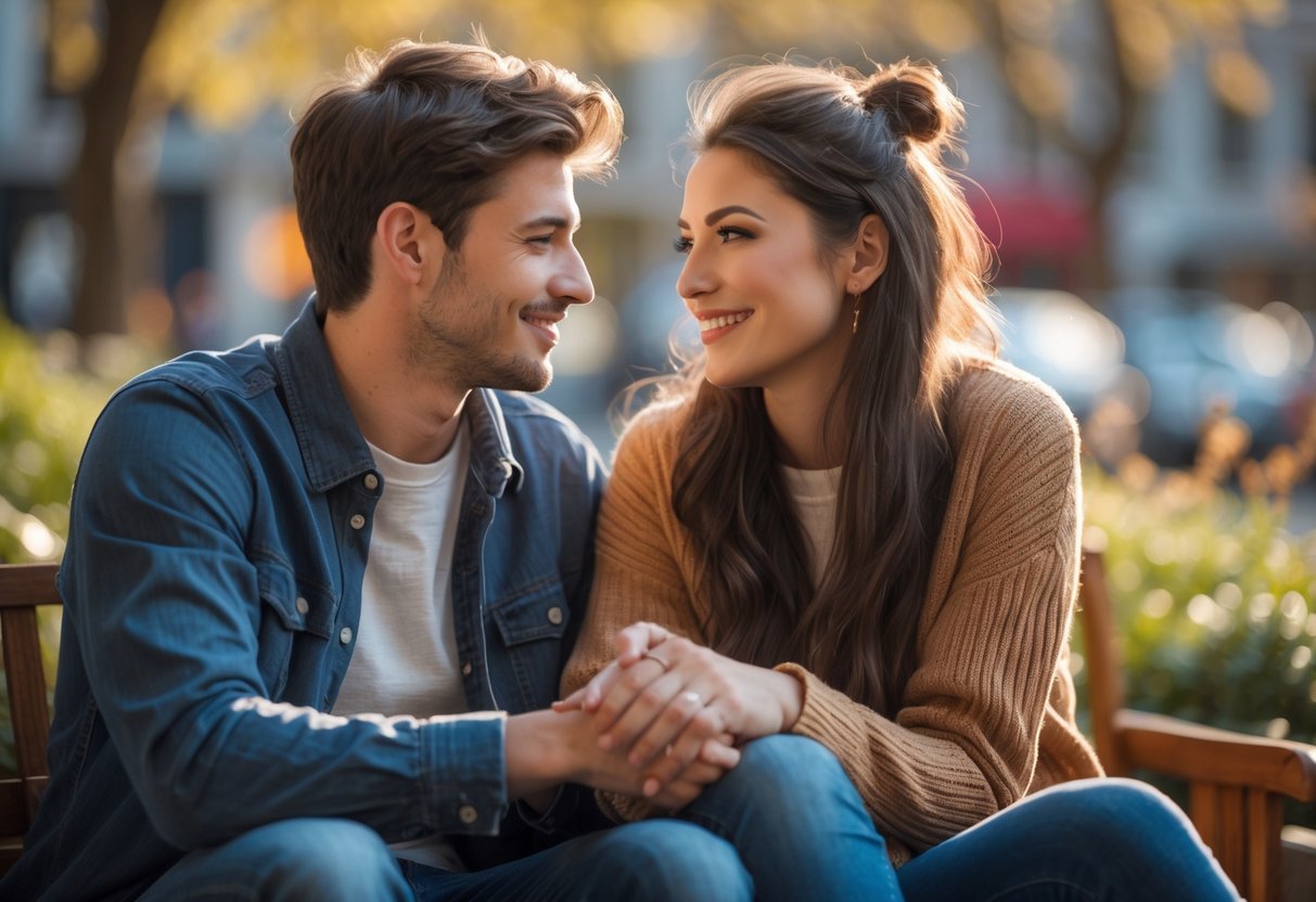 A young couple holding hands and smiling at each other outdoors, showing affection and connection.