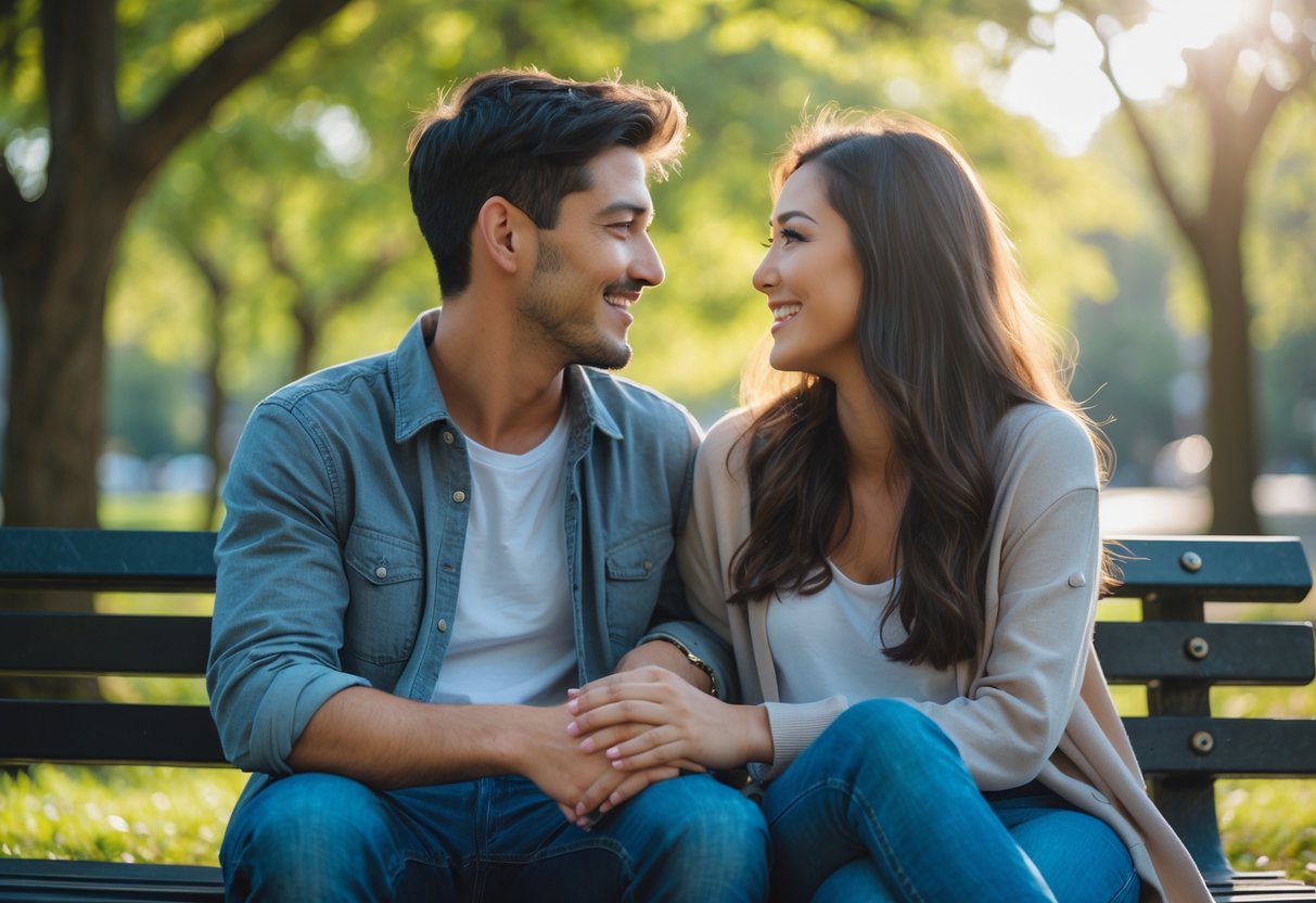 A young couple sitting on a park bench holding hands and smiling at each other outdoors.