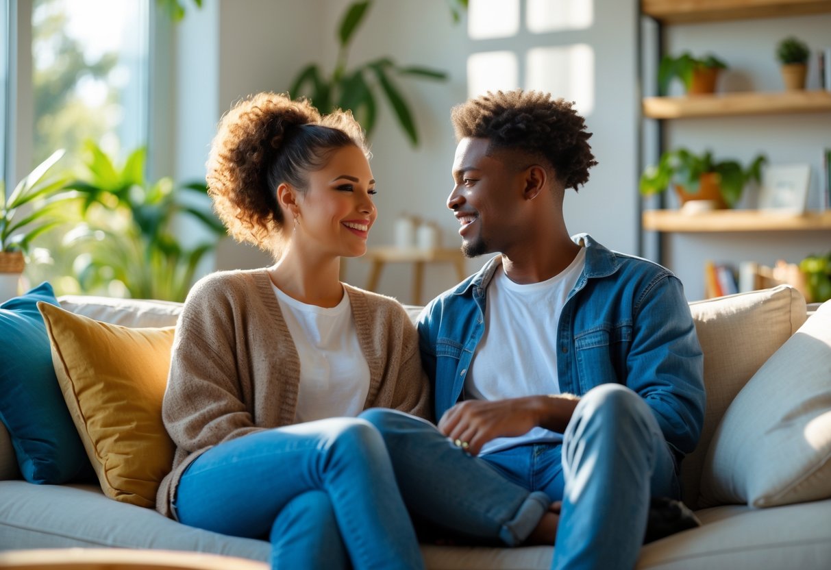 A young couple sitting on a couch in a living room, talking and smiling at each other.