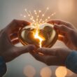 Two hands gently holding and repairing a broken heart-shaped object with golden light.