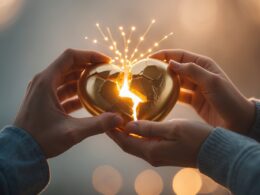 Two hands gently holding and repairing a broken heart-shaped object with golden light.