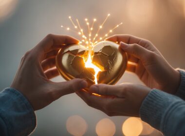 Two hands gently holding and repairing a broken heart-shaped object with golden light.