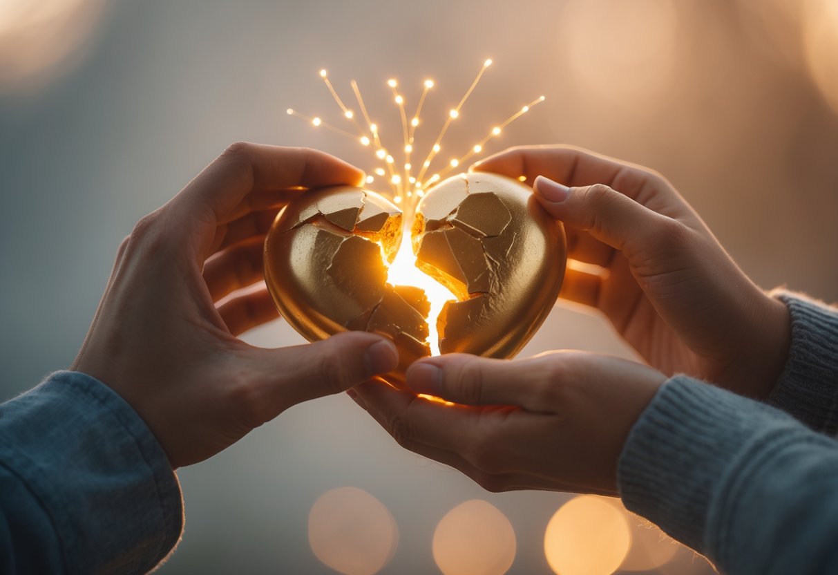 Two hands gently holding and repairing a broken heart-shaped object with golden light.