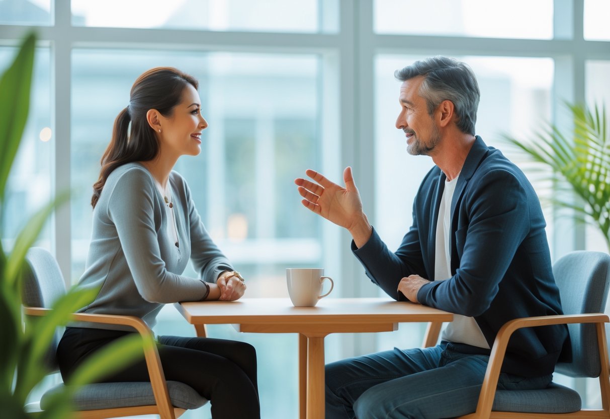 Two adults sitting at a table in an office, engaged in a sincere conversation with warm expressions.