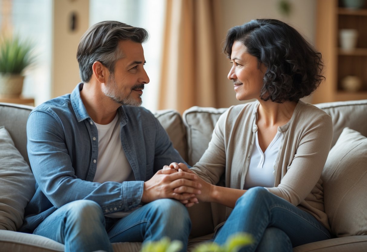 A man and woman sitting on a sofa, holding hands and having a sincere conversation in a cozy living room.