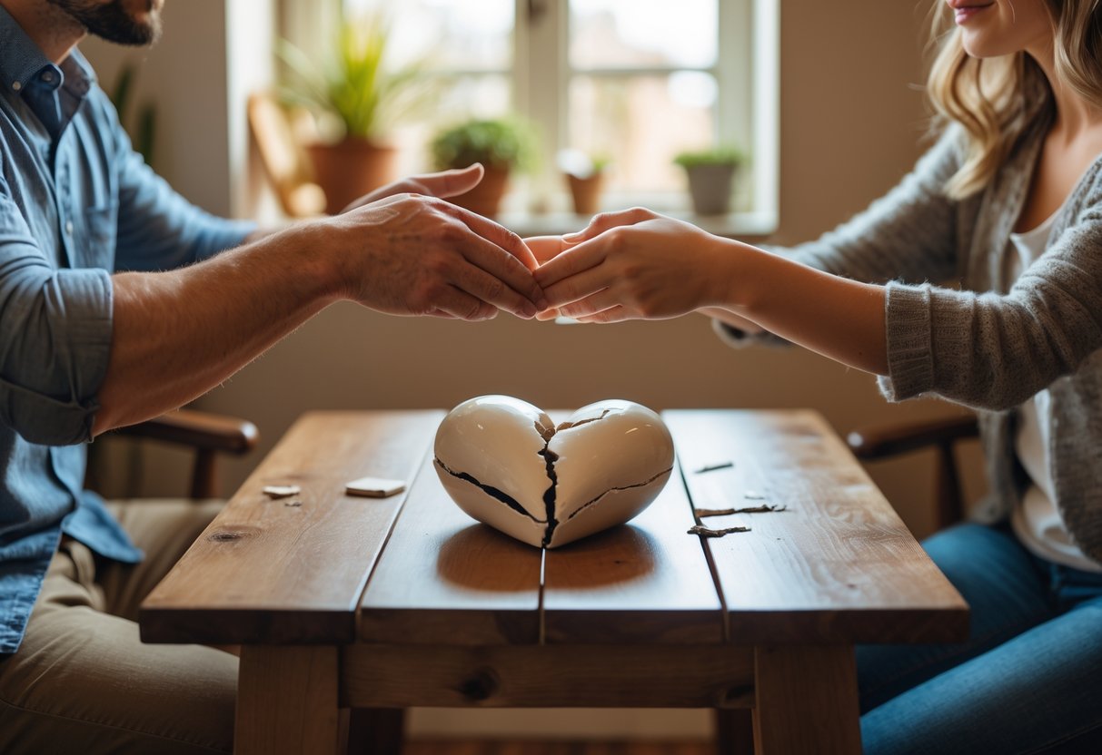 A man and woman sitting at a table holding hands, gently repairing a broken ceramic heart together.