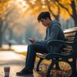 A young adult sitting alone on a park bench in autumn, looking thoughtful and holding a phone, with soft sunlight filtering through trees.