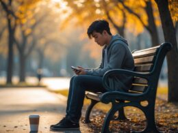 A young adult sitting alone on a park bench in autumn, looking thoughtful and holding a phone, with soft sunlight filtering through trees.