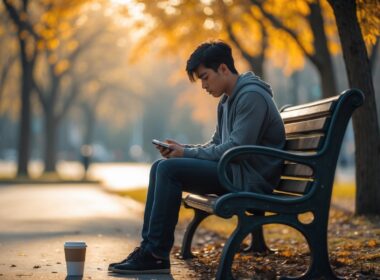 A young adult sitting alone on a park bench in autumn, looking thoughtful and holding a phone, with soft sunlight filtering through trees.