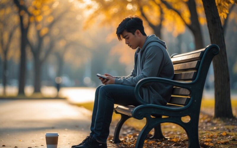 A young adult sitting alone on a park bench in autumn, looking thoughtful and holding a phone, with soft sunlight filtering through trees.
