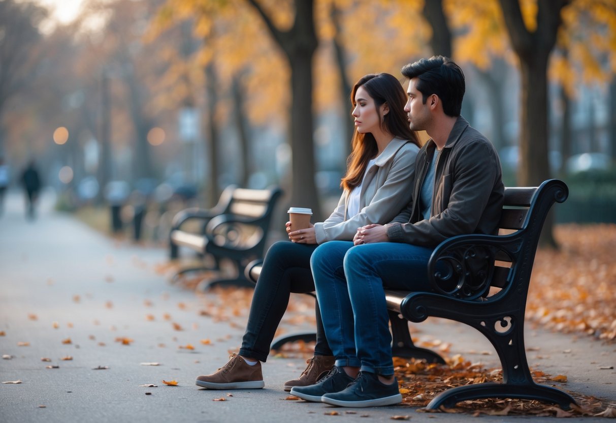 A young adult couple sitting apart on a park bench looking thoughtful and distant, with autumn leaves around them.