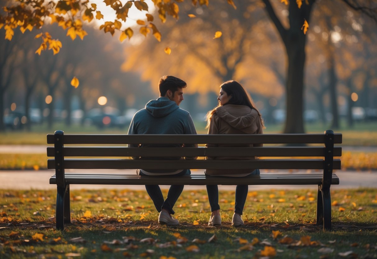 A young couple sitting apart on a park bench looking thoughtful and distant during autumn, symbolizing the end of a relationship.