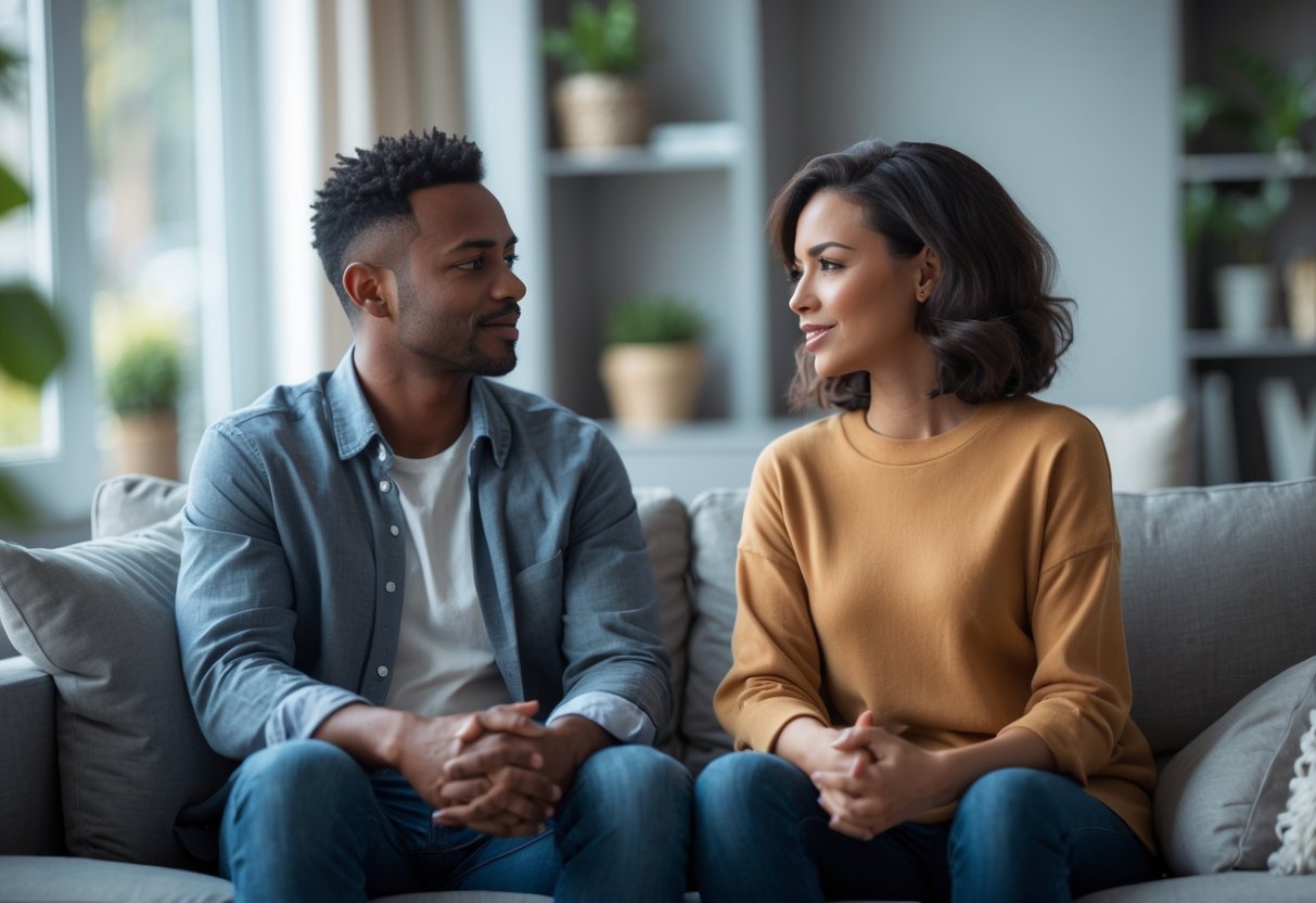 Two adults sitting on a sofa having a calm and respectful conversation in a cozy living room.