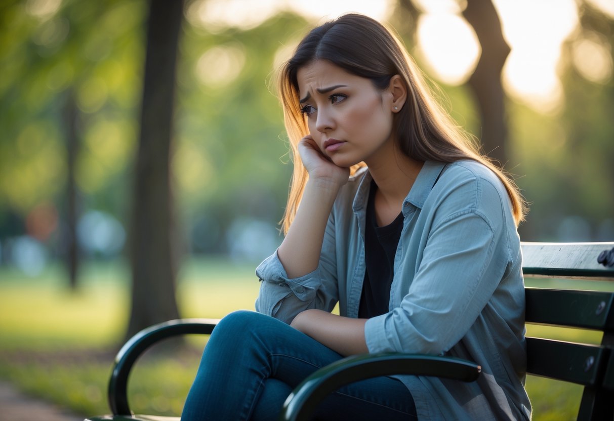 A young woman sitting alone on a park bench looking thoughtful and reflective.