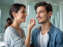 A young woman gently holding a cotton swab near a man