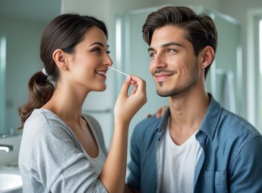 A young woman gently holding a cotton swab near a man