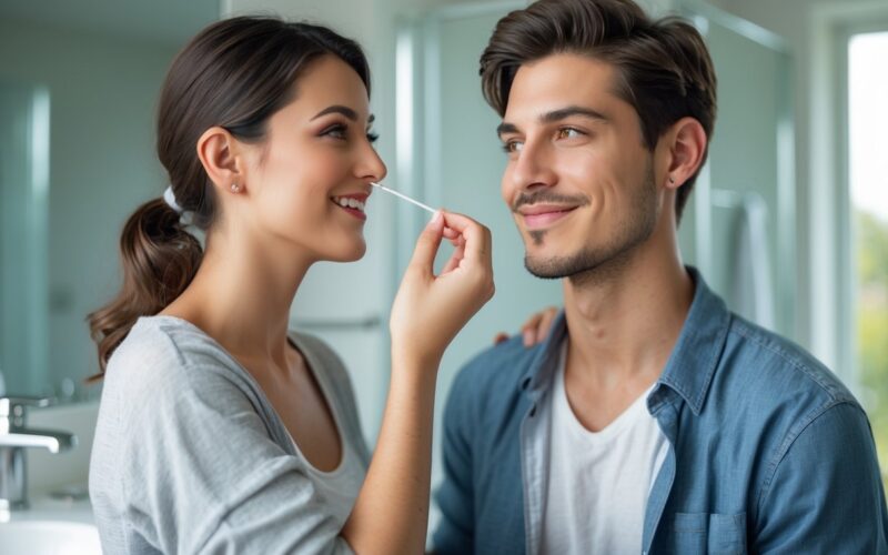 A young woman gently holding a cotton swab near a man