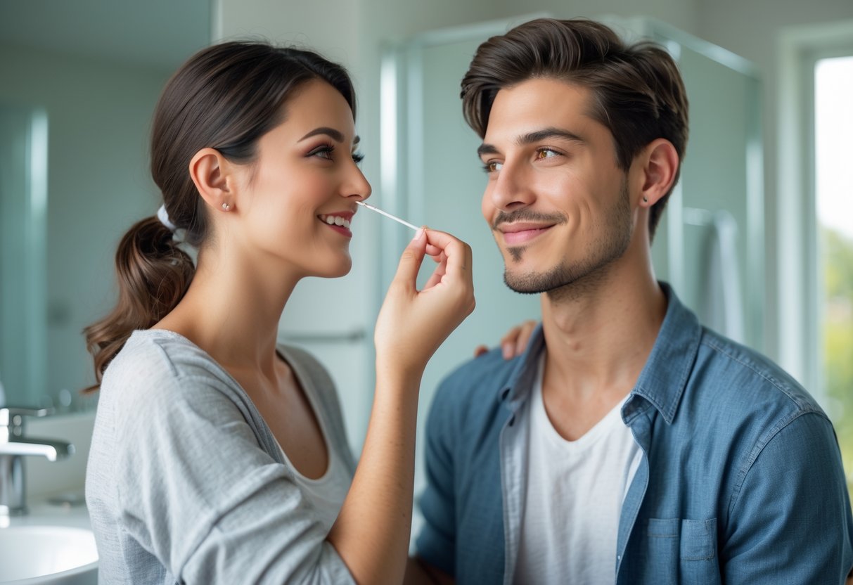 A young woman gently holding a cotton swab near a man's ear as they stand together in a bathroom.