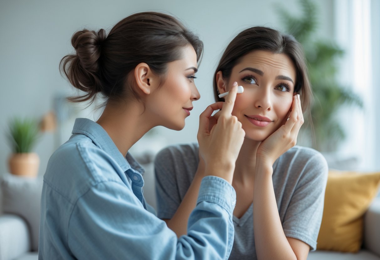 A young woman gently holding her boyfriend's face while pointing to his ear in a bright living room.