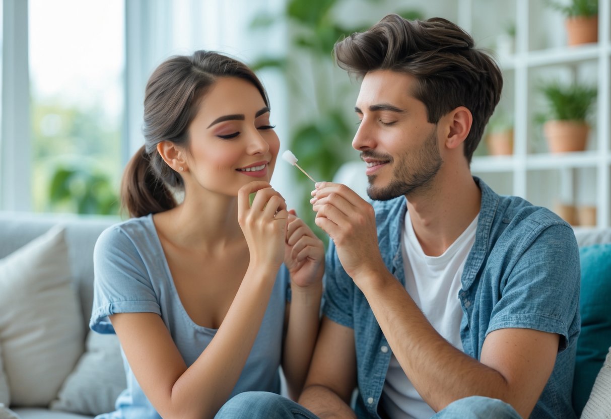 A young woman gently helping her boyfriend clean his ears while sitting together in a bright living room.
