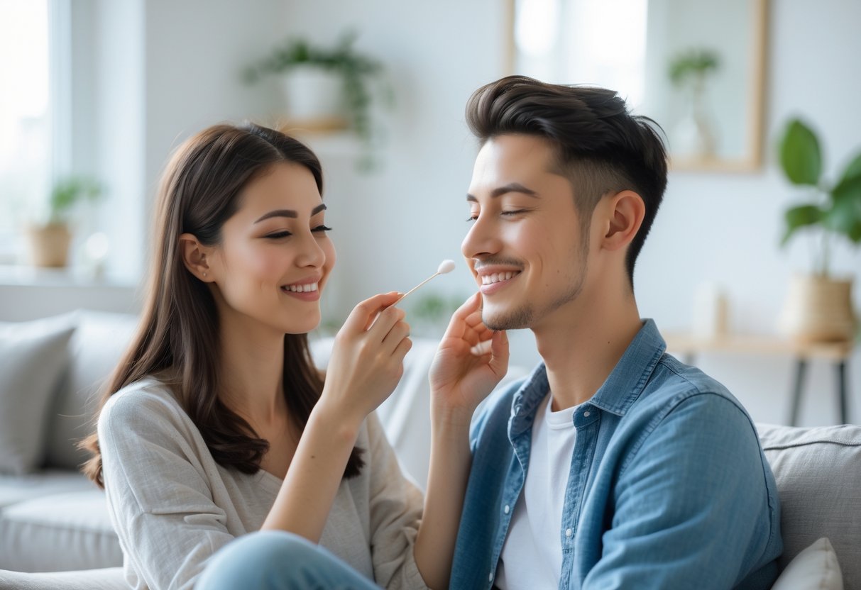 A young couple in a living room, the woman gently holding a cotton swab near the man's ear as they smile at each other.