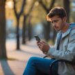 A young man sitting alone on a park bench looking worriedly at his smartphone.