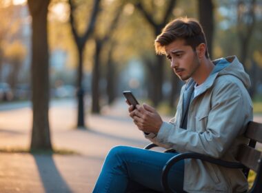 A young man sitting alone on a park bench looking worriedly at his smartphone.