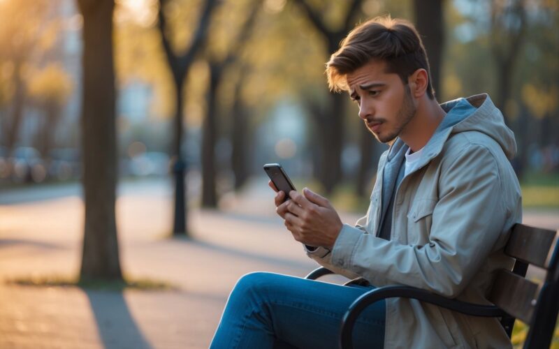 A young man sitting alone on a park bench looking worriedly at his smartphone.