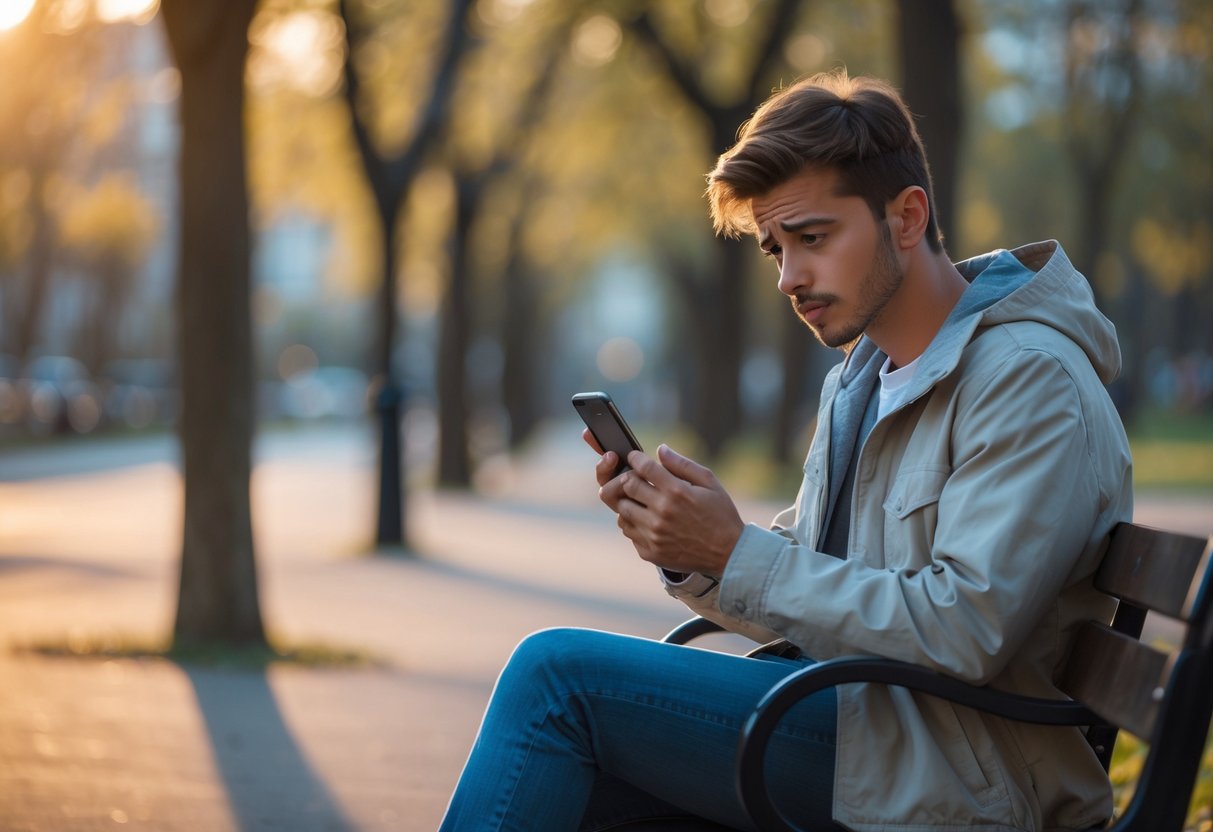 A young man sitting alone on a park bench looking worriedly at his smartphone.