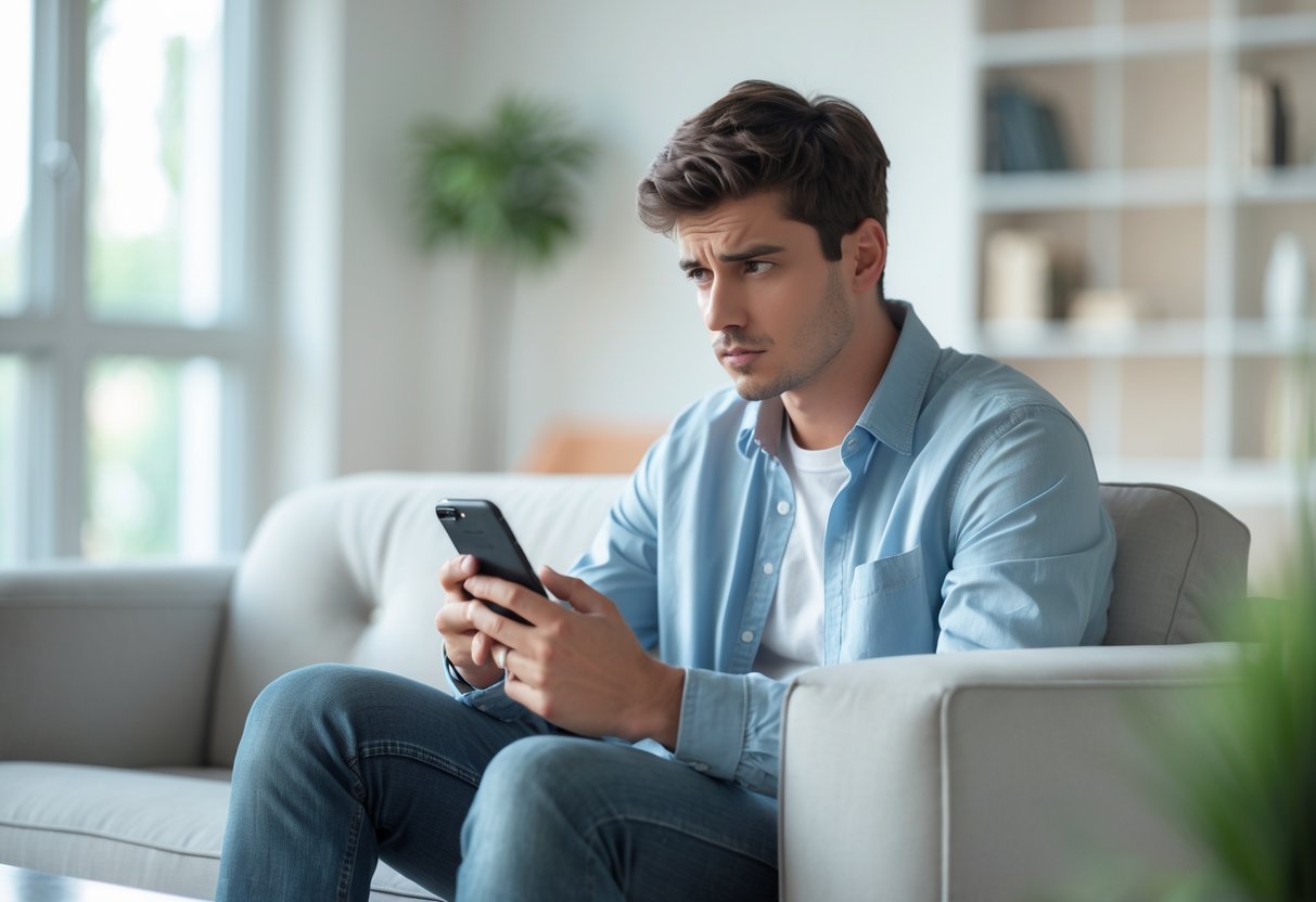 A young man sitting on a couch holding a smartphone, looking concerned and thoughtful in a bright living room.