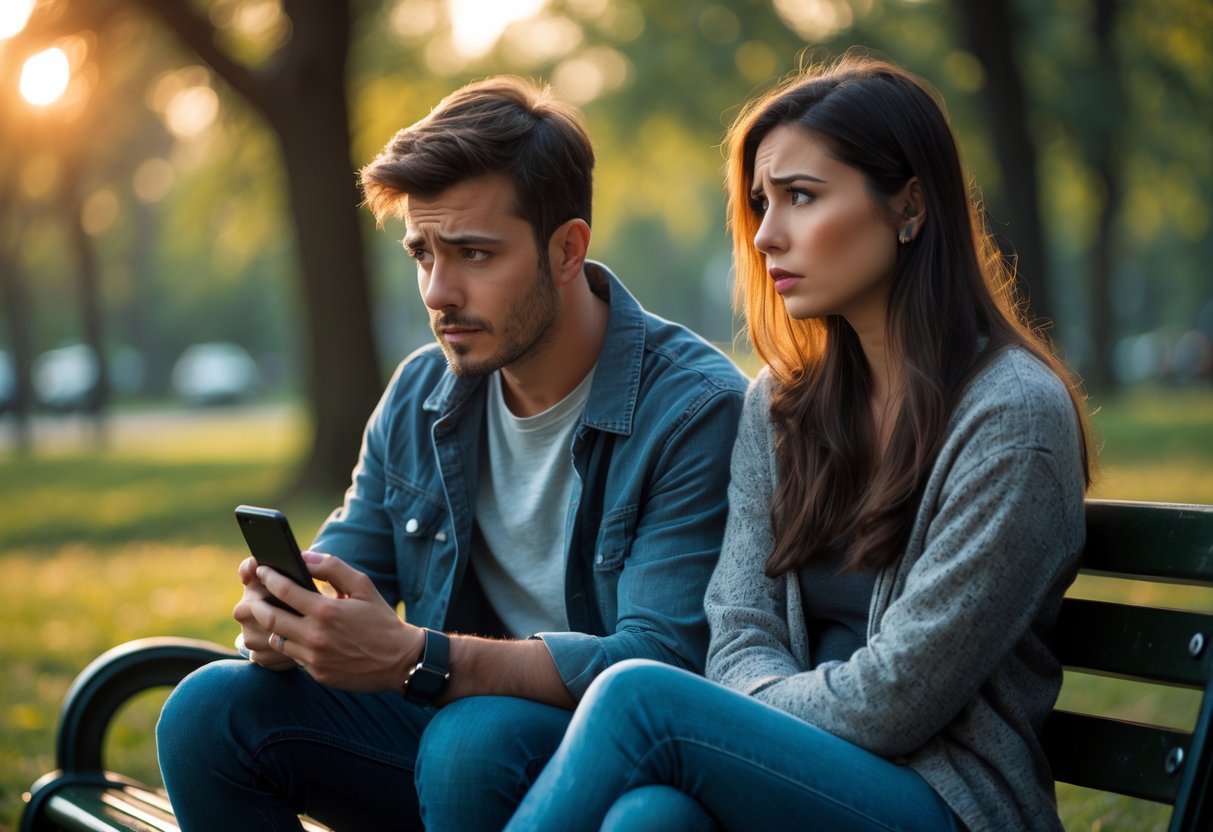 A young couple sitting on a park bench, the man looking at his phone with concern while the woman looks away, appearing distant.