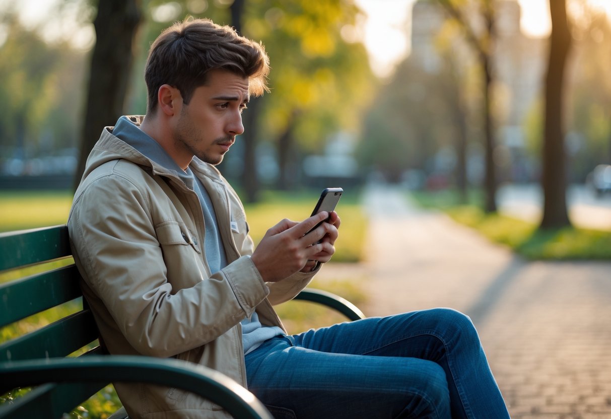 A young man sitting alone on a park bench looking worriedly at his smartphone.