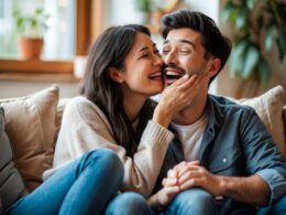 A young couple sitting on a couch, the woman playfully biting the man