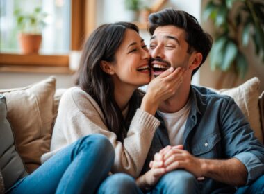 A young couple sitting on a couch, the woman playfully biting the man
