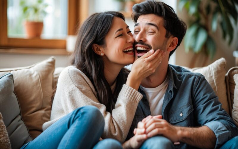 A young couple sitting on a couch, the woman playfully biting the man