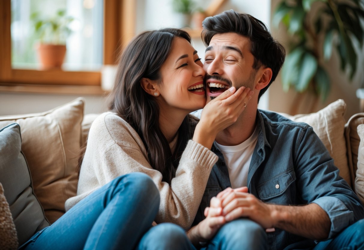 A young couple sitting on a couch, the woman playfully biting the man's cheek as they both smile and laugh.