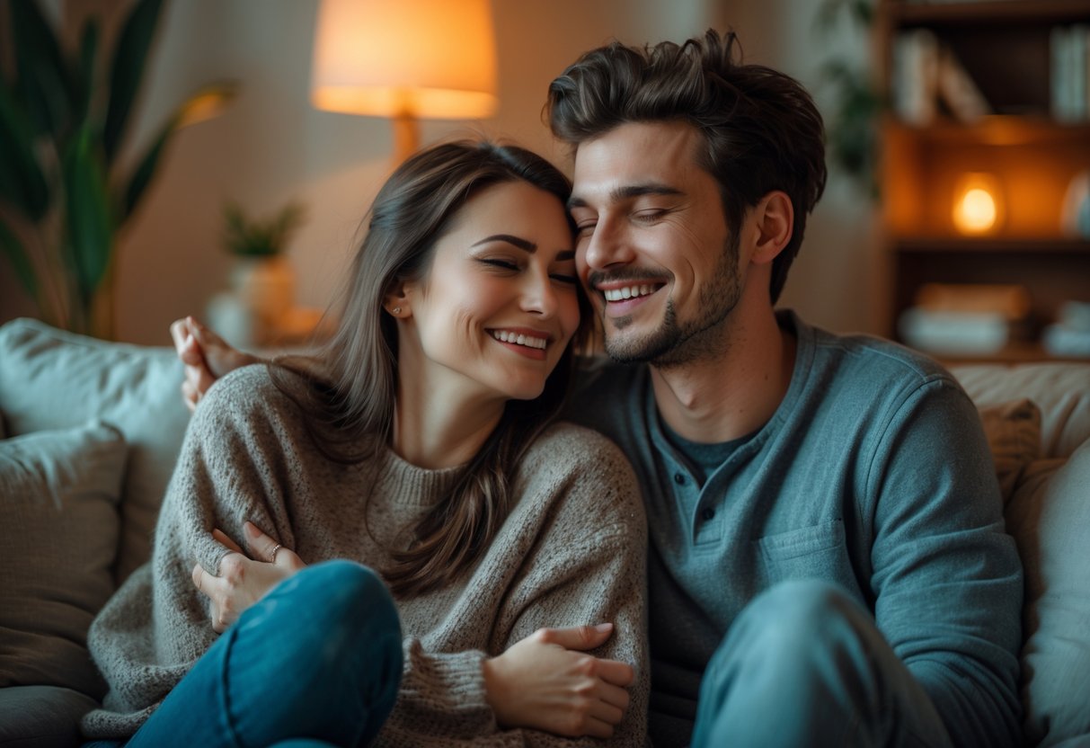 A young couple sitting closely on a sofa as the woman gently bites the man's shoulder while both smile warmly.