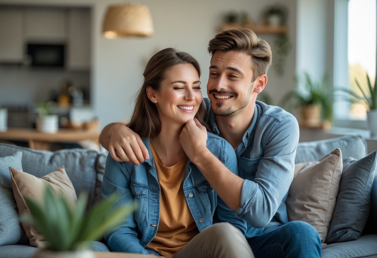 A young couple sitting on a sofa, the woman playfully biting the man's shoulder while both smile.