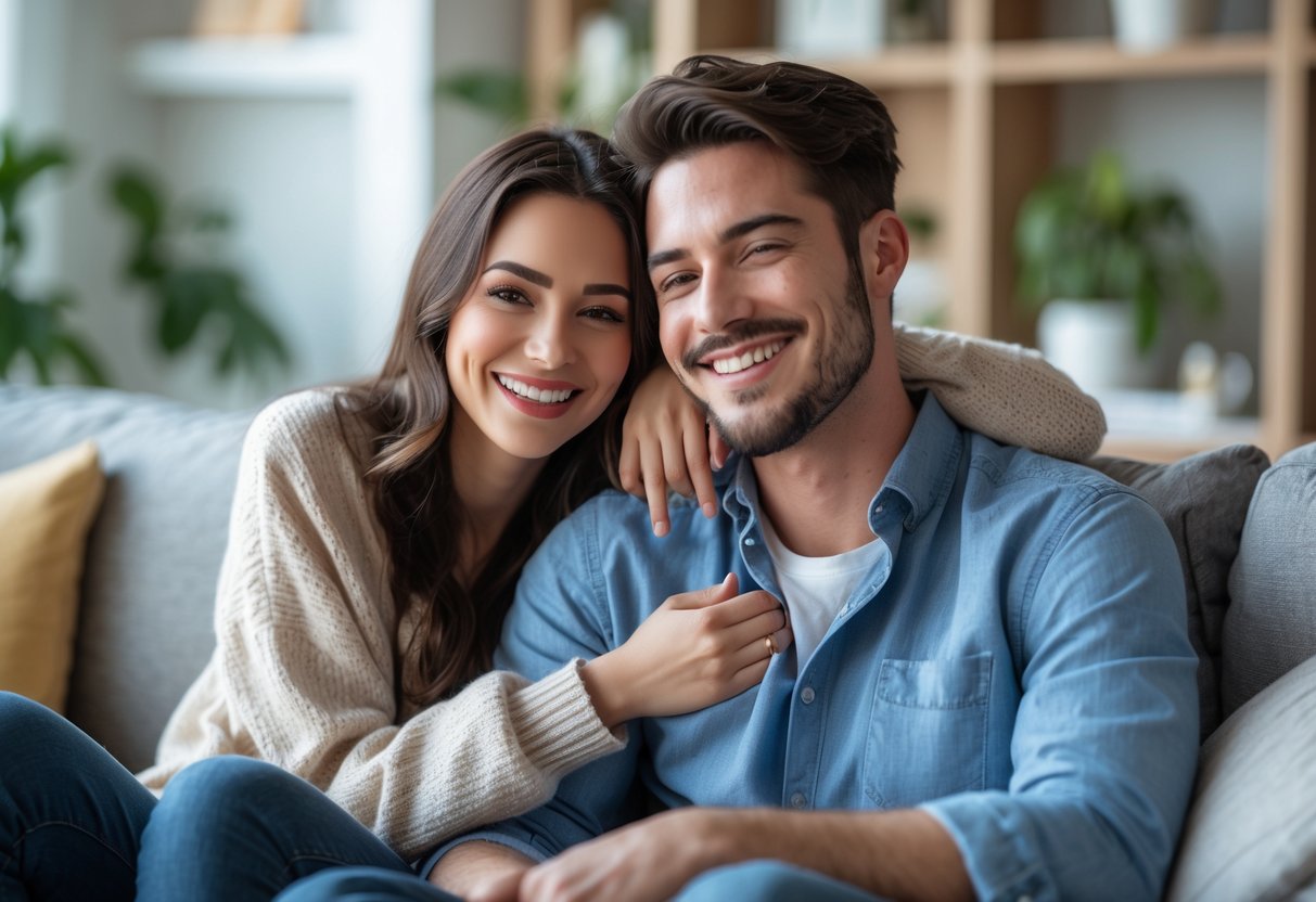 A young couple sitting on a couch, the woman playfully biting the man's shoulder as they smile at each other.