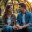 A young couple sitting on a park bench having a serious and caring conversation during sunset.